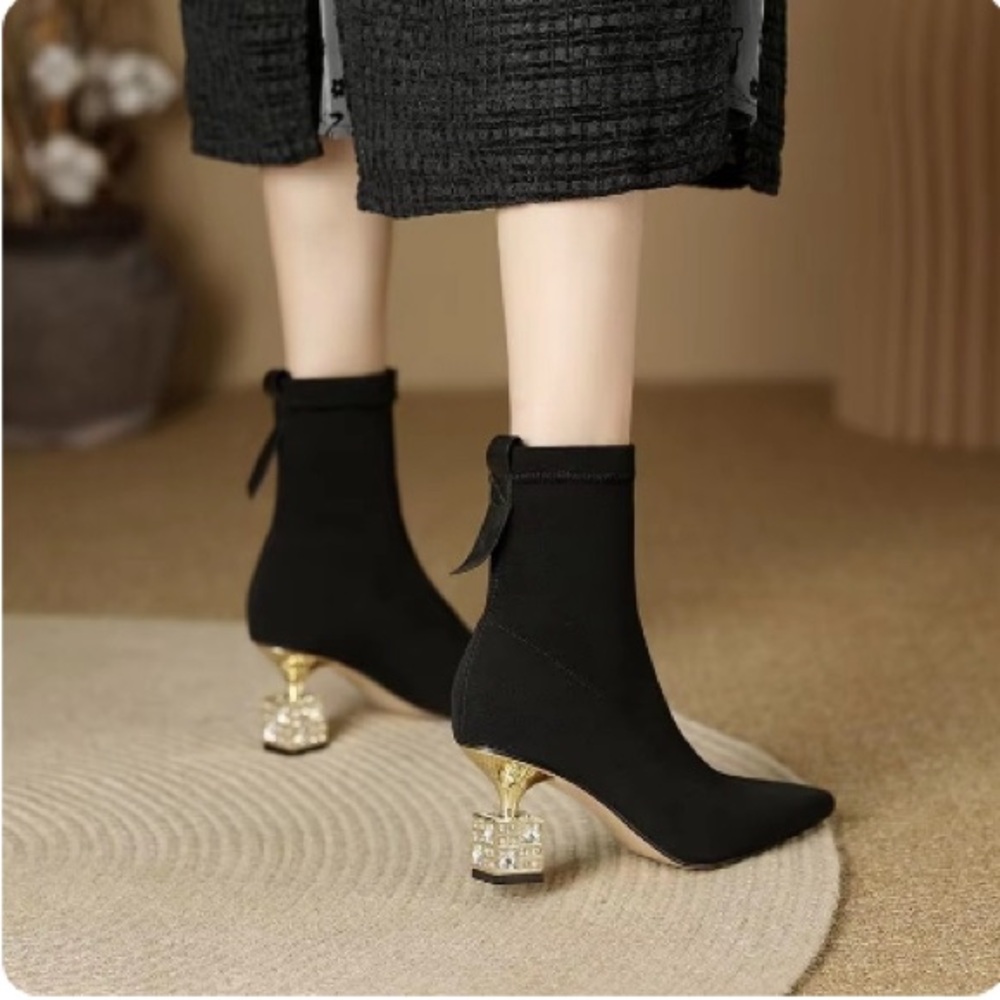 NWOT - Faux Suede Ankle boots with Square Rhinestone Décor Heels (US 7)